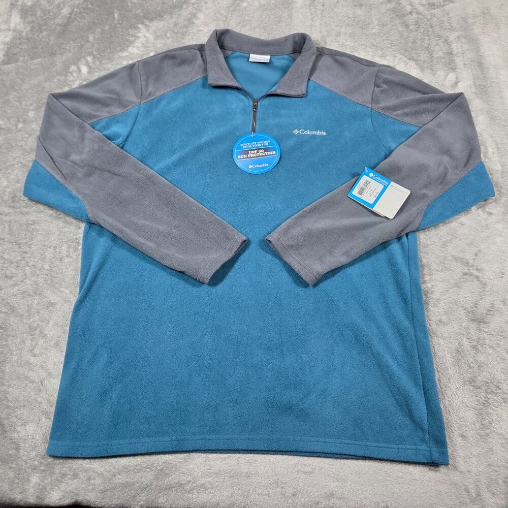 Columbia Fleece Shirt Mens Large Turquoise Gray 1/2 Zip Trailend Pullover NEW